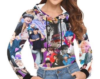 BTS Purple Collage Print Crop Hoodie - K-Pop Fashion - Lightweight Pullover Hooded Cropped Top - Jin Jimin Jung Kook V Rm Suga JHope