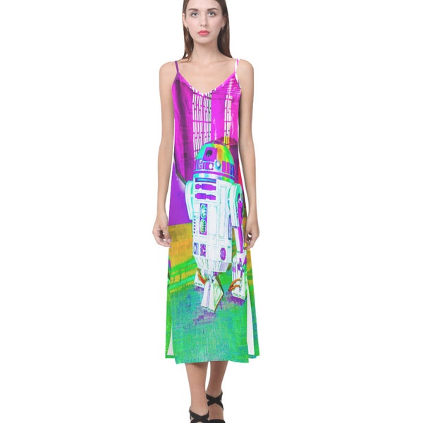 Rainbow Droid V-Neck Slip Dress - Star Wars Inspiré Mode Femme - Sans manches - Spaghetti Strap - Geek Girl - R2-D2 - Artoo Detoo - Néon