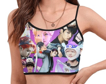 BTS Collage Spaghetti Strap Crop Top - K-Pop Inspired Women's Fashion - Bangtan - Jin Jimin Jungkook Suga V RM J-Hope - Purple Black - ARMY
