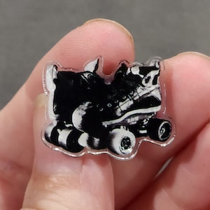 Limited Run! 1&quot; Acrylic Roller Derby Skates Pin - Roller Girl Gift - Skate Bag Decor - Black & White Design - Riedell Blue Streaks - Skating