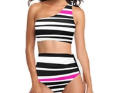 Rogue Pink Stripe High Waisted One Shoulder Bikini Set - Swim Suit - Swim Wear - Bathing Suit - Swimsuit - Black White Stripes - Side Tie
