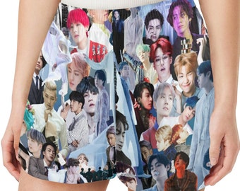 Gray BTS Collage Print Women's Pajama Shorts - K-Pop Inspired Sleepwear Loungewear - Jin Jimin JHope JungKook Suga RM V - Lounge Sleep