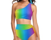Ombre Rainbow High Waisted One Shoulder Bikini Set - Swim Suit - Colorful Swimwear - Swim Wear - Bathing Suit - Swimsuit - Pride - Vacation