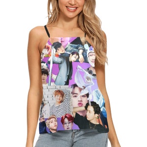 BTS Collage Loose Fit Halter Neck Top - Tie Back - K-Pop Inspired Fashion - Sleeveless Shirt - Bangtan - Jin Jimin Jungkook Suga V RM J-Hope