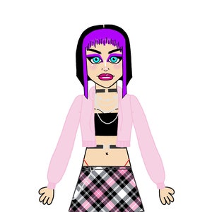 Könnte beinhalten: Illustration einer Person mit lila Haaren und blauen Augen, die ein schwarzes Crop-Top, eine rosa Jacke und einen karierten Rock trägt. Die Person hat eine Halskette und ein Bauchnabelpiercing. Der Rock ist schwarz, weiß und rosa.