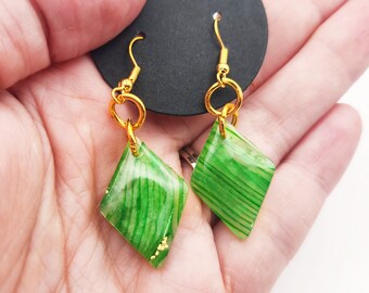 Handmade Small Striped Green, White & Gold Translucent Polymer Clay Diamond Earrings w/ Gold Colored Hooks - Dangly Drop Earrings Ear Wire