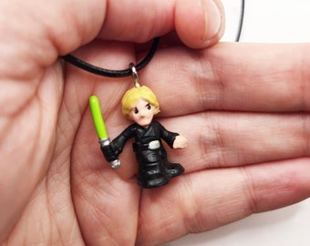 Luke Skywalk w/ Green Lightsaber 20" Necklace - Star Wars Pods Figure Toy Jewelry Black Waxed Cotton Cord Chain w/ lobster claw style clasp