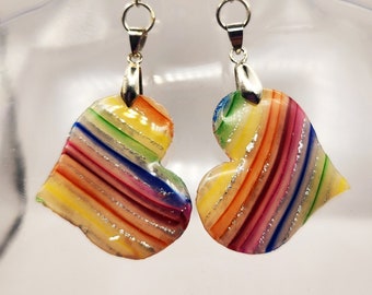 Handmade Medium Rainbow Stripes in Translucent Polymer Clay Heart Shaped Earrings w/ Silver Colored Hooks - Dangly Drop Dangle Ear Wire