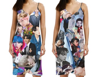 2 Styles - BTS Collage Print Spaghetti Strap Backless Beach Cover-Up Wrap Dress - K-Pop Inspired Fashion Swim Cover Up - Purple or Gray