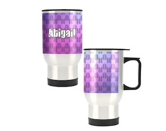 Can Personalize - BTS & ARMY Symbols 14 oz Metal Travel Mug w/ Silver Finish - K-Pop Inspired Gift - Coffee - Insulated - Handle - Purple