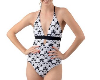 Stormtrooper Helmet Print Tie Back Halter Cut-Out One Piece Swimsuit- Star Wars Inspired Summer  Swimwear - Black & White Bathing Suit