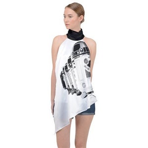 Artoo & Friends Satin Asymmetrical Sleeveless Top Star Wars Inspired Geek Fashion R2-D2 White w/ Black Halter Neck Droids R2D2 image 1