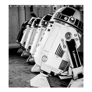 May include: A row of four white and gray robots with rounded edges and various details. The robots are lined up in a row, with the largest robot in the foreground.