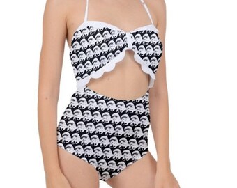 Stormtrooper Helmet Print Frilly Scallop Top Cut Out Swimsuit -Star Wars Inspired One Piece Bathing Suit - High Waist - Retro Style Swimwear