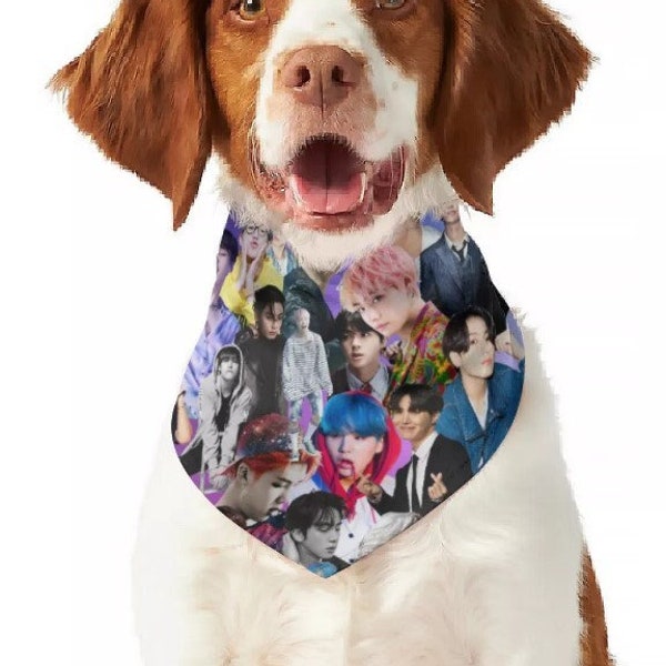 2 Sided Design - BTS Collage & Purple Pet Bandana - K-Pop Inspired Pet Clothing - Puppy Gift - Dog Cat - Jin Jimin Jung Kook JHope RM V Suga