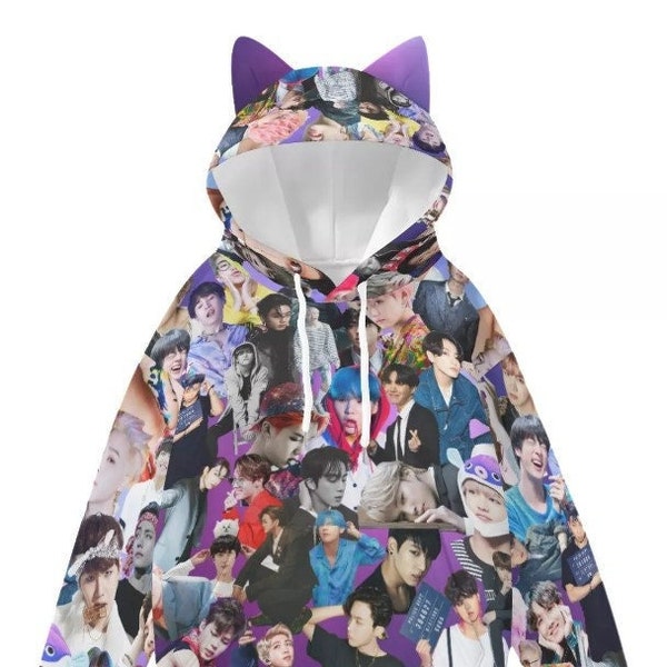 BTS Collage Print Lightweight Cat Ear Hoodie - K-Pop Fashion - Lightweight Pullover Hooded Sweatshirt - Jin Jimin Jung Kook V Rm Suga JHope