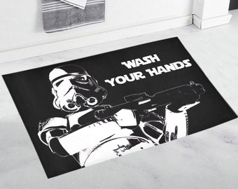 Wash Your Hands Stormtrooper Bath Rug - 2 Sizes - Star Wars Inspired Stormtrooper Bathroom Home Decor - Black and White Bath Mat - Funny