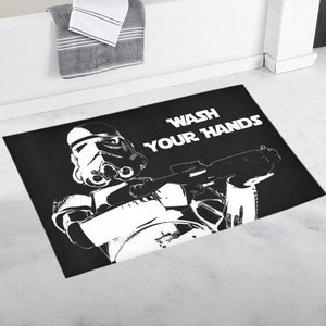 Wash Your Hands Stormtrooper Bath Rug - 2 Sizes - Star Wars Inspired Stormtrooper Bathroom Home Decor - Black and White Bath Mat - Funny