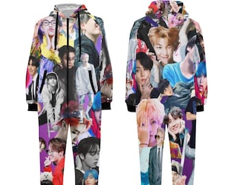 Lila BTS Collage Unisex Erwachsene Einteiler Pyjamas - K-Pop inspirierte Nachtwäsche Loungewear - Jin Jimin JHope JungKook Suga RM V - Lounge