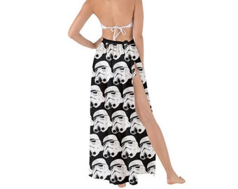 Stormtrooper Helmets on Black Maxi Tie-Up Chiffon Sarong - Women's Star Wars 501st Inspired Summer Fashion - Beach Cover-up - Empire - Geek