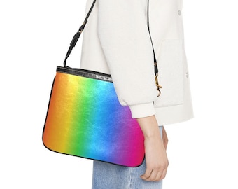 Horizontal Rainbow Small Shoulder Bag - PU Leather Handbag - Black Shoulder Strap Purse - Hand Bag - Pride - Colorful - Fashion Accessories