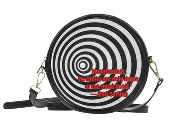 Rod Serling Imagination Quote Round Sling Bag - PU Leather Purse - Shoulder Strap Purse - The Twilight Zone Inspired - Black White Red