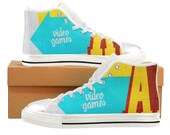 Women 39 s Video Games Classic High Top Sneakers - Coney Island Collection Skater Shoes - White Sole Vamp - Geek Hi Tops - Blue Yellow Red