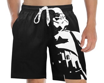 Pantalones cortos de playa de longitud media para hombre Tall Dark & Stormy - Bañadores inspirados en Star Wars Stormtrooper - Pantalones cortos de baño - Cordón - Negro Blanco