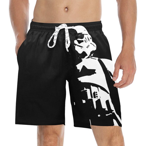 Große dunkle & stürmische Herren mittellange Strand Shorts - Star Wars Stormtrooper inspirierte Badehose - Badeshorts - Kordelzug - schwarz weiß