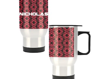 Can Personalize - Red Imperial Cogs on Black 14 oz Metal Travel Mug w/ Silver Finish - Star Wars Inspired Gift - Coffee - Insulated - Handle