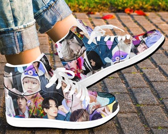 2 Color Options - Purple BTS Collage High Top Sneakers  - Men's & Women's Sizes - High-Top Shoes - Hi Tops - K-Pop Inspired Street Fashion