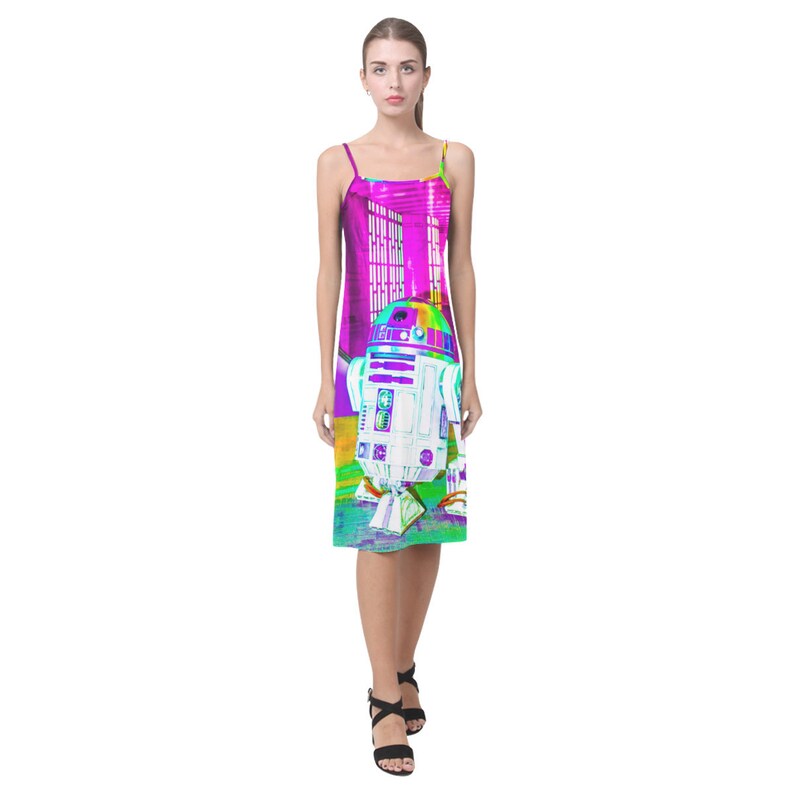 Star Wars Inspired Fashion Sleeveless R2-D2 Geek Girl Artoo Detoo Rainbow Droid Alcestis Slip Dress Neon Spaghetti Strap