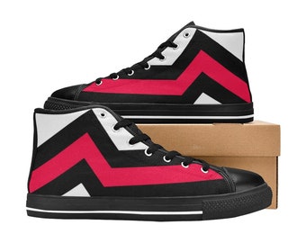 Can Customize Colors!  - Men's & Women's Sizes - Jagged Red Stripe Classic High-Top Canvas Shoes - Hi Tops - Black Vamps and Soles