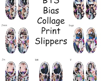 Damen BTS Bias Mitglied Collage Print Rutschfeste Baumwollhausschuhe - K-Pop inspirierte Modehausschuhe - Jin Jimin J-Hope JungKook Suga V RM
