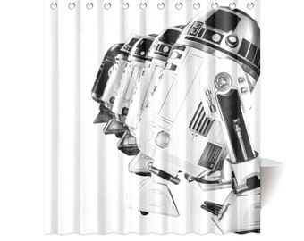 8 Sizes - R2-D2 & Friends White and Black Shower Curtain - Star Wars Inspired Artoo Detoo Droid Bathroom Decor - Personalization Option