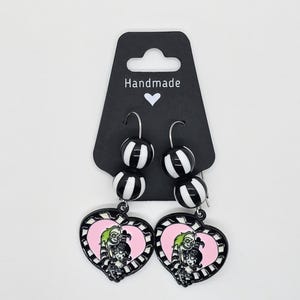 Beetlejuice & Lydia 90's Cartoon Style Enamel Charms on Stainless Steel Kidney-shaped Earring Hooks w/ Striped Plastic Beads - Dangle Drop