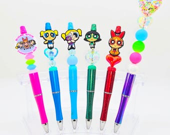 80's & 90's Cartoons Beaded Ballpoint Pen w Black Ink - Silicone Acrylic Beads Plastic Pen - Care Bears Hey Arnold Thundercats Pound Puppies