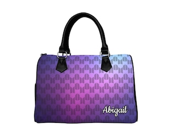 Can Personalize - BTS & ARMY Symbols Barrel Style Boston Handbag - K-Pop Inspired Fashion - Top Handle Purse Hand Bag - Purple - Add Name
