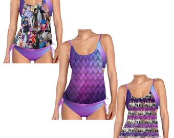 3 Designs – Damen BTS Layered Tankini Set – 2-teiliger Badeanzug – K-Pop inspirierte Bademode – Badeanzug – Schwimmen – Lila – Collage – ARMY
