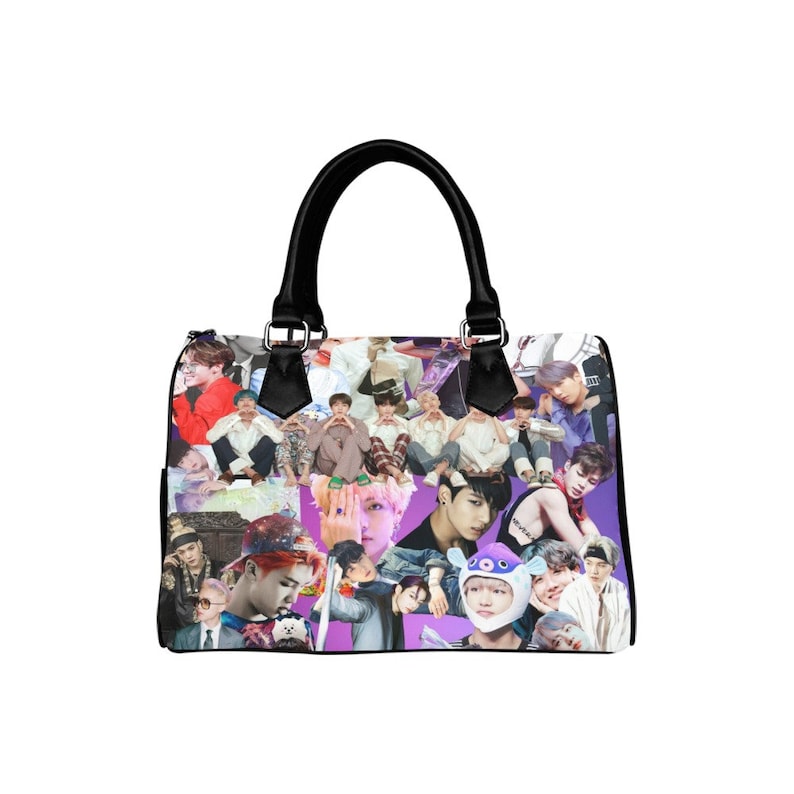 May include: A black handbag with a purple background and a collage of images of men. The images are of different sizes and shapes and are arranged in a random pattern. The handbag has two black handles.