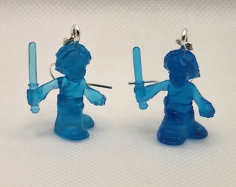 Luke Skywalker w / Lightsaber Blue Hologram Dangle Earrings - Star Wars Pods Figure Toy Jewelry - Geek Fashion - Upcycled Toys - Kids Adults