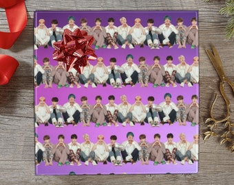 BTS Stripes 58" x 23" Gift Wrapping Paper Roll - K-Pop Fan - Bangtan ARMY - Purple & Blue Background - Jin Jimin JungKook JHope V RM Suga