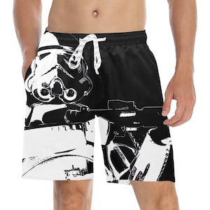 Stormtrooper Stamp Men's Mid Length Beach Shorts - Star Wars Inspired Swimming Trunks - Swim Shorts - Drawstring - Blanco y Negro - 501st