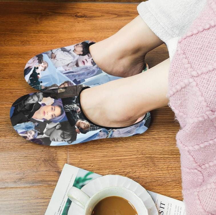 Women's Bts Gray Collage Non-Slip Cotton Slippers - K-Pop Inspired…
