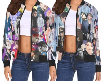 BTS Collage Print Women's Bomber Jacket - K-Pop Inspired Outerwear - 2026 Trends - Maximalist Maximalism - Allover Print