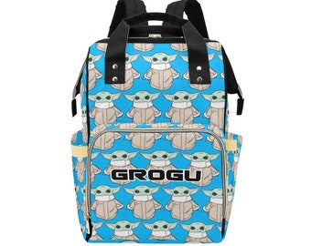 Can Personalize - The Child Blue Multi-Function Diaper Bag Backpack - Custom Text Star Wars Inspired Baby Yoda Grogu Baby Shower Gift Idea