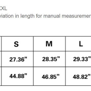 May include: A white chart with black text detailing garment measurements. The chart includes sizes XS, S, M, L, XL, and XXL. Measurements are provided for length and bust in inches. The text also notes a possible 5% deviation.