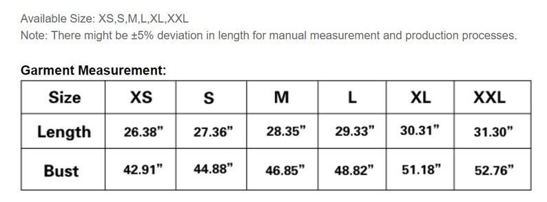 May include: A white chart with black text detailing garment measurements. The chart includes sizes XS, S, M, L, XL, and XXL. Measurements are provided for length and bust in inches. The text also notes a possible 5% deviation.