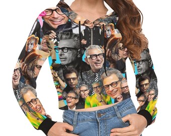 Jeff Goldblum Collage Print Crop Hoodie -Pop Culture Inspired Fashion - Lightweight Pullover Hooded Cropped Top - Jeff Goldbloom - Blue