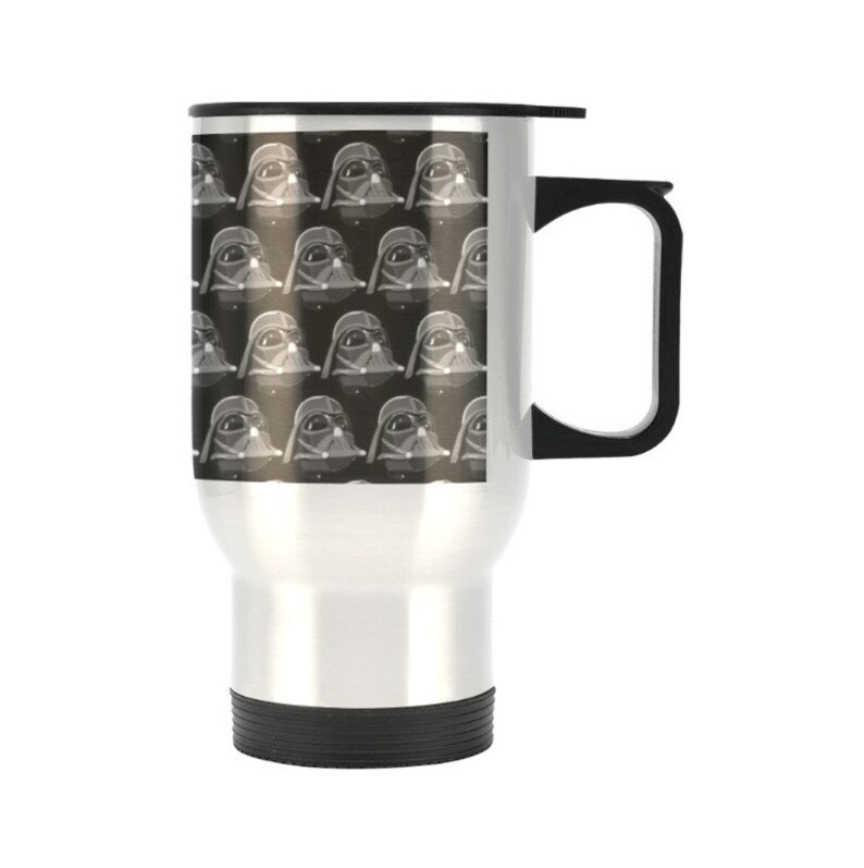 Can Personalize Vader Helmet Print 14 oz Metal Travel Mug w/ Silver Finish Star Wars Inspired Gift Idea Coffee Insulated Handle image 5